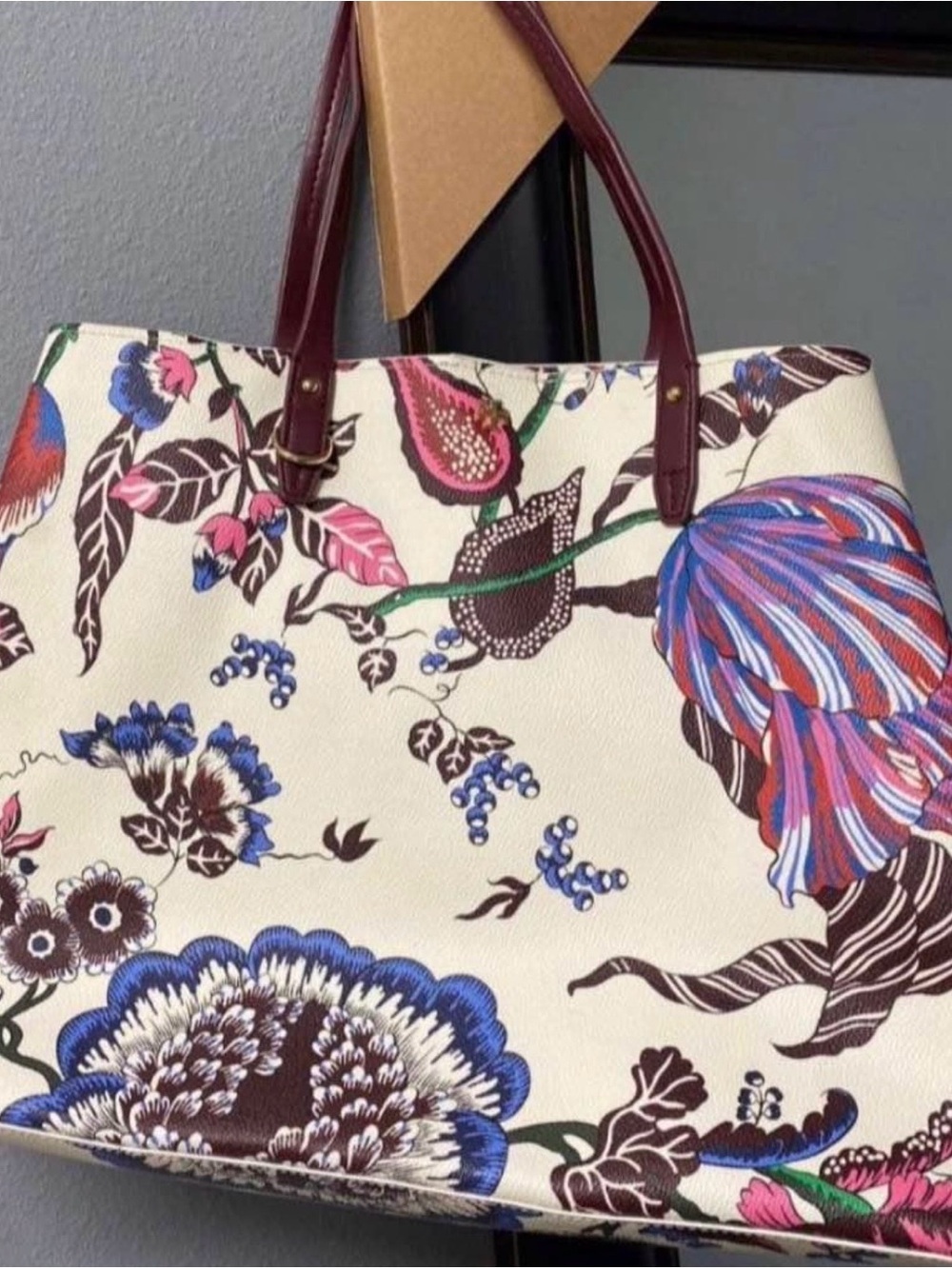 Tory Burch Floral Canvas Tote with Burgundy Handles